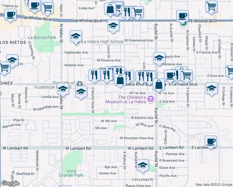 map of restaurants, bars, coffee shops, grocery stores, and more near 522 West La Habra Boulevard in La Habra