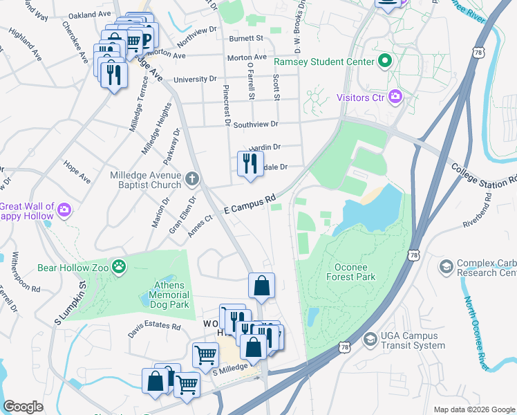 map of restaurants, bars, coffee shops, grocery stores, and more near 760 East Campus Road in Athens