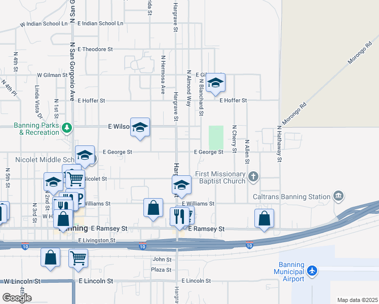 map of restaurants, bars, coffee shops, grocery stores, and more near East George Street in Banning