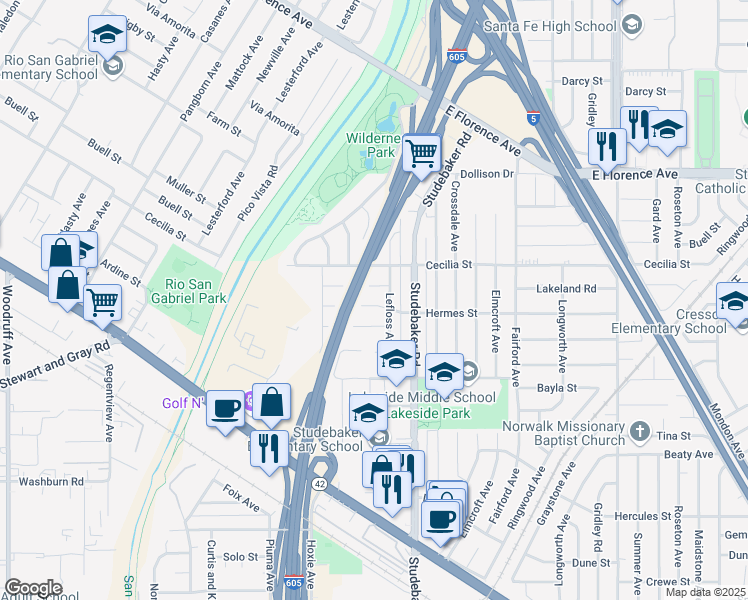 map of restaurants, bars, coffee shops, grocery stores, and more near 10913 Hermes Street in Norwalk