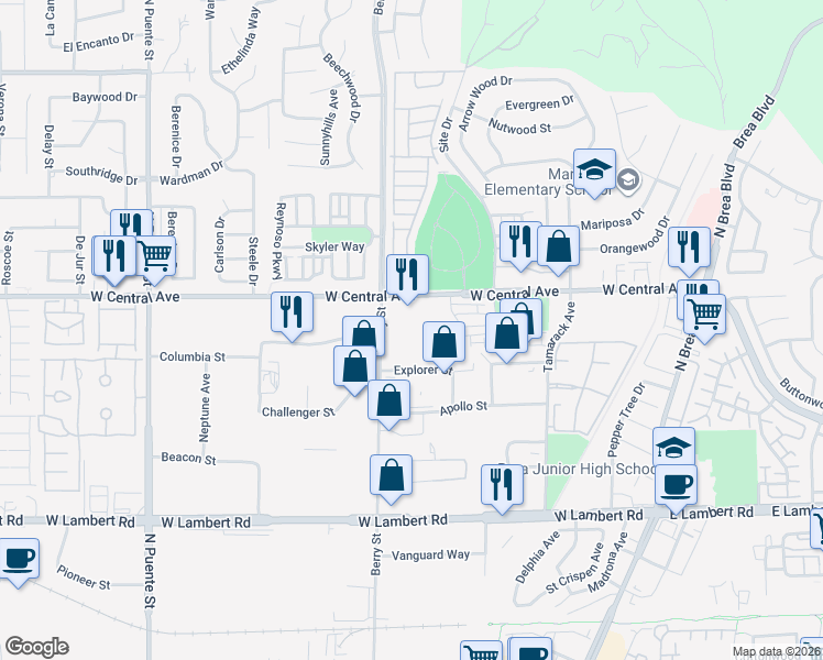 map of restaurants, bars, coffee shops, grocery stores, and more near 570 West Central Avenue in Brea