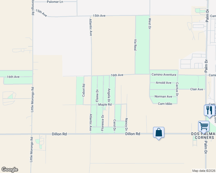 map of restaurants, bars, coffee shops, grocery stores, and more near 16120 Elaine Drive in Desert Hot Springs