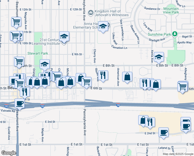 map of restaurants, bars, coffee shops, grocery stores, and more near 735 Illinois Avenue in Beaumont