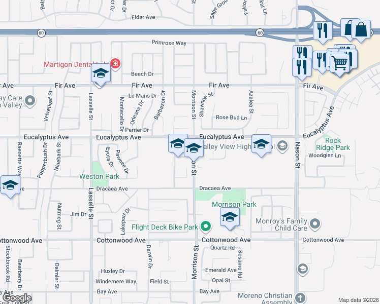 map of restaurants, bars, coffee shops, grocery stores, and more near 13004 Tioga Pass Court in Moreno Valley