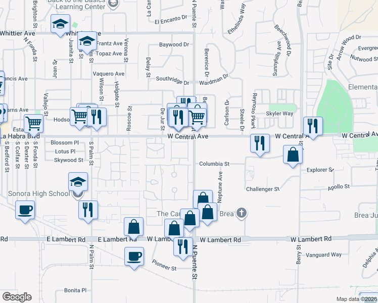 map of restaurants, bars, coffee shops, grocery stores, and more near 736 Knoll Lake Drive in Brea