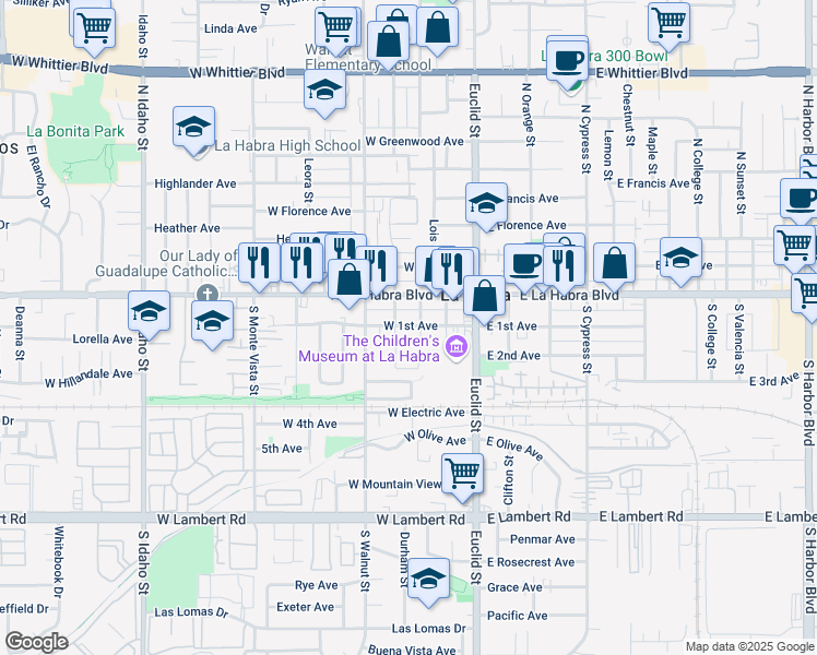 map of restaurants, bars, coffee shops, grocery stores, and more near 400 West La Habra Boulevard in La Habra