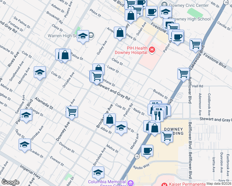 map of restaurants, bars, coffee shops, grocery stores, and more near 8434 Fontana Street in Downey