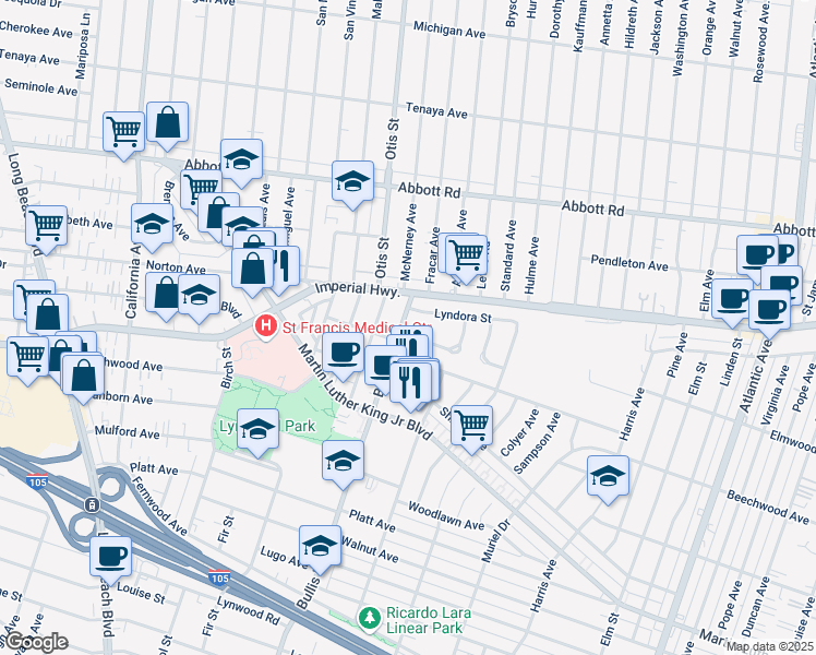 map of restaurants, bars, coffee shops, grocery stores, and more near 11032 Carson Drive in Lynwood