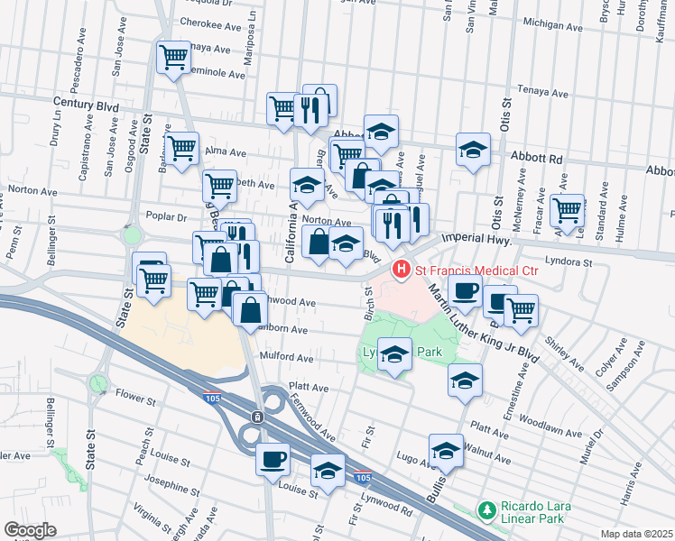 map of restaurants, bars, coffee shops, grocery stores, and more near 3576 Los Flores Boulevard in Lynwood