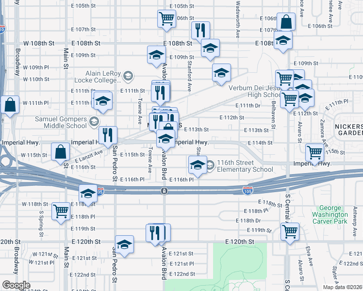 map of restaurants, bars, coffee shops, grocery stores, and more near 663 East Imperial Highway in Los Angeles