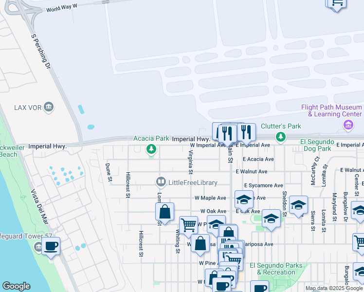 map of restaurants, bars, coffee shops, grocery stores, and more near 5601-5617 Imperial Highway in Los Angeles
