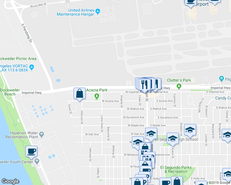 map of restaurants, bars, coffee shops, grocery stores, and more near 5601-5617 Imperial Highway in Los Angeles
