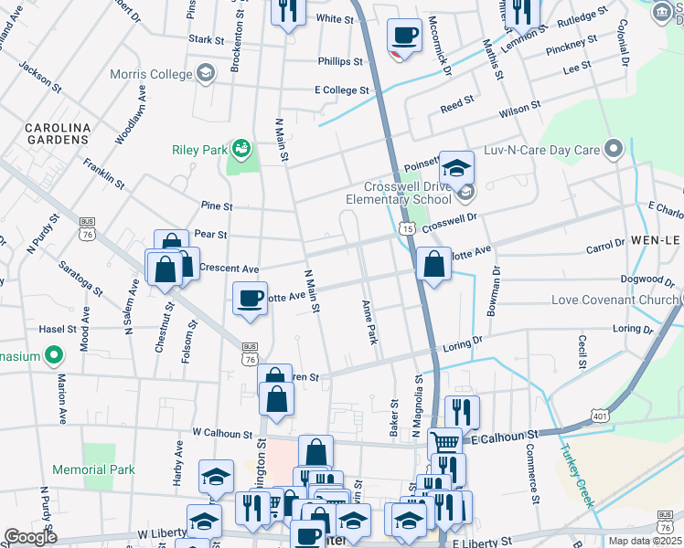 map of restaurants, bars, coffee shops, grocery stores, and more near 110 Anne Park in Sumter