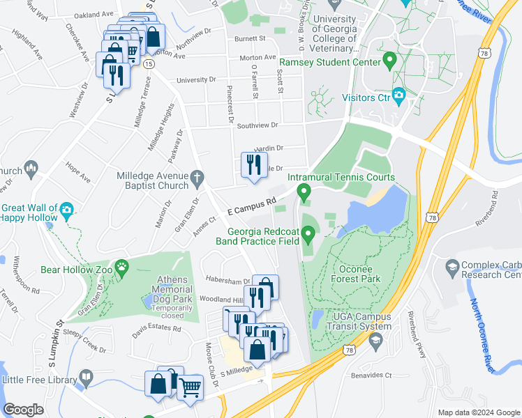 map of restaurants, bars, coffee shops, grocery stores, and more near 760 East Campus Road in Athens