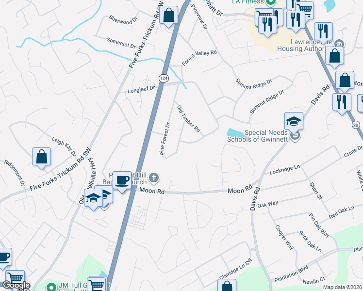 map of restaurants, bars, coffee shops, grocery stores, and more near 470 Pine Forest Drive in Lawrenceville