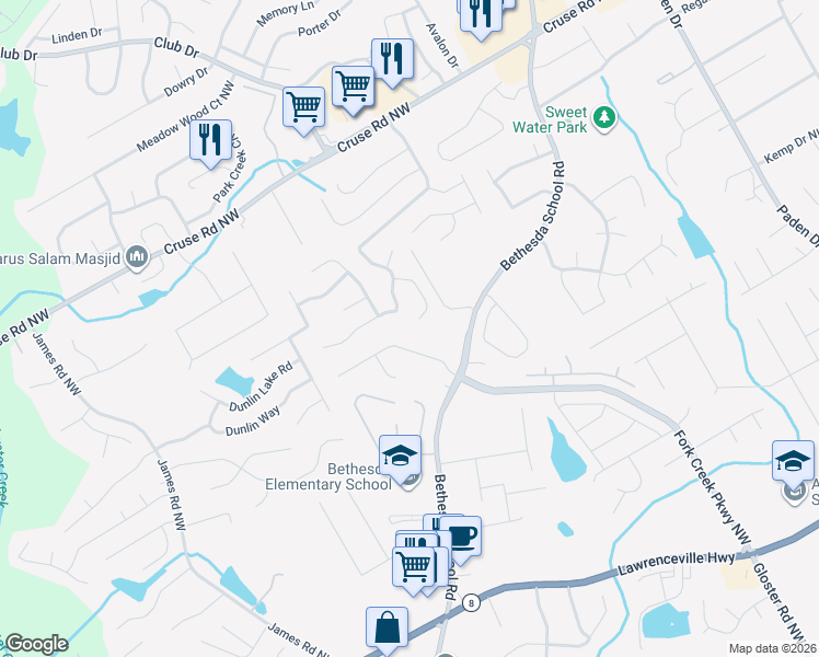 map of restaurants, bars, coffee shops, grocery stores, and more near 2740 Avalon Meadows Lane in Lawrenceville
