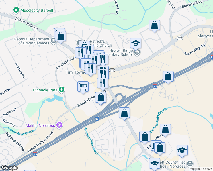 map of restaurants, bars, coffee shops, grocery stores, and more near 1945 Indian Trail Lilburn Road Northwest in Norcross