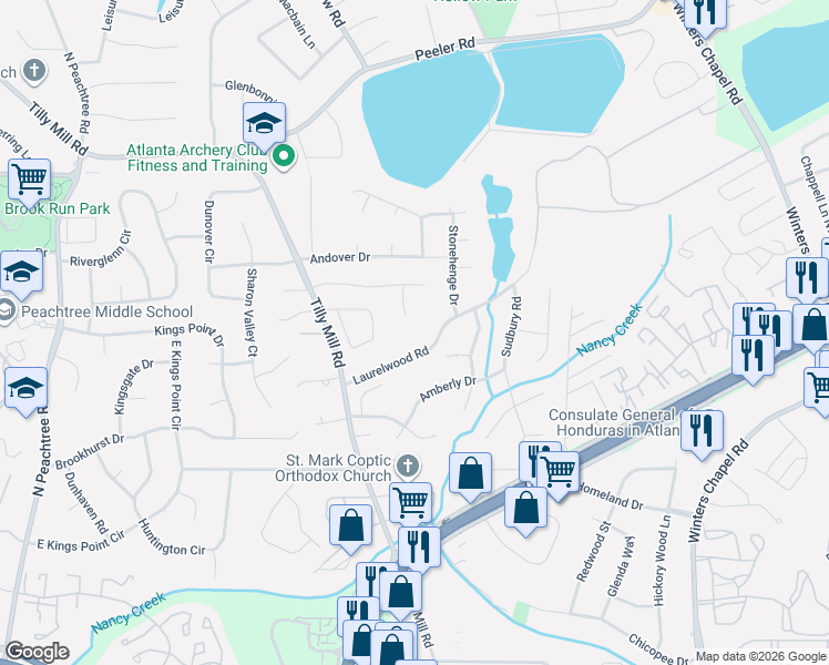 map of restaurants, bars, coffee shops, grocery stores, and more near 2668 Laurelwood Road in Atlanta