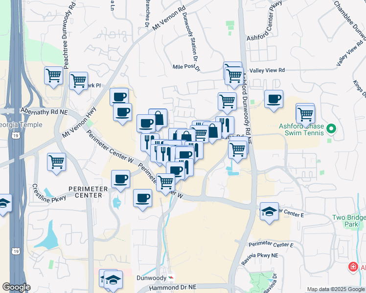 map of restaurants, bars, coffee shops, grocery stores, and more near 4601 Ridgeview Road in Atlanta