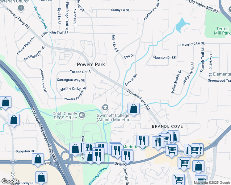 map of restaurants, bars, coffee shops, grocery stores, and more near 2087 Powers Ferry Trce Southeast in Marietta