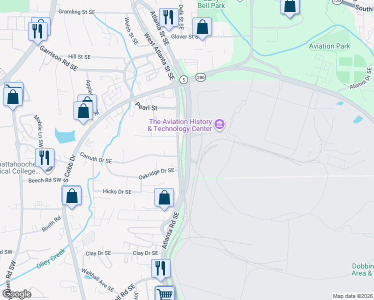 map of restaurants, bars, coffee shops, grocery stores, and more near 500-522 Perrin Rd in Marietta