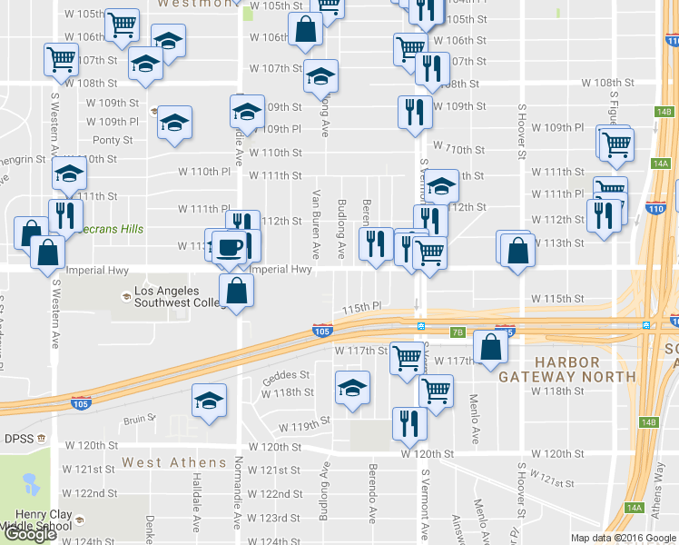 map of restaurants, bars, coffee shops, grocery stores, and more near 11414 South Budlong Avenue in Los Angeles