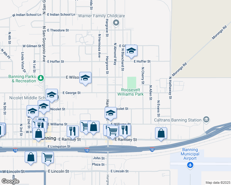 map of restaurants, bars, coffee shops, grocery stores, and more near 600 North Almond Way in Banning