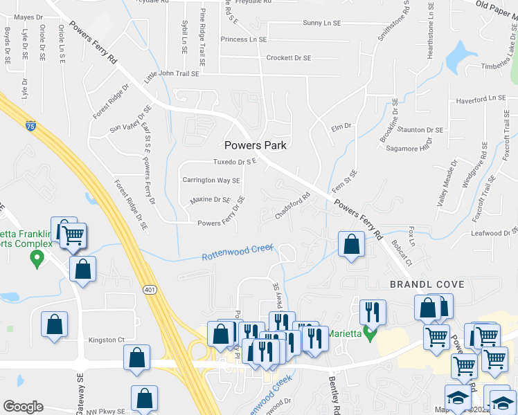 map of restaurants, bars, coffee shops, grocery stores, and more near 2187 Surrey Court in Marietta