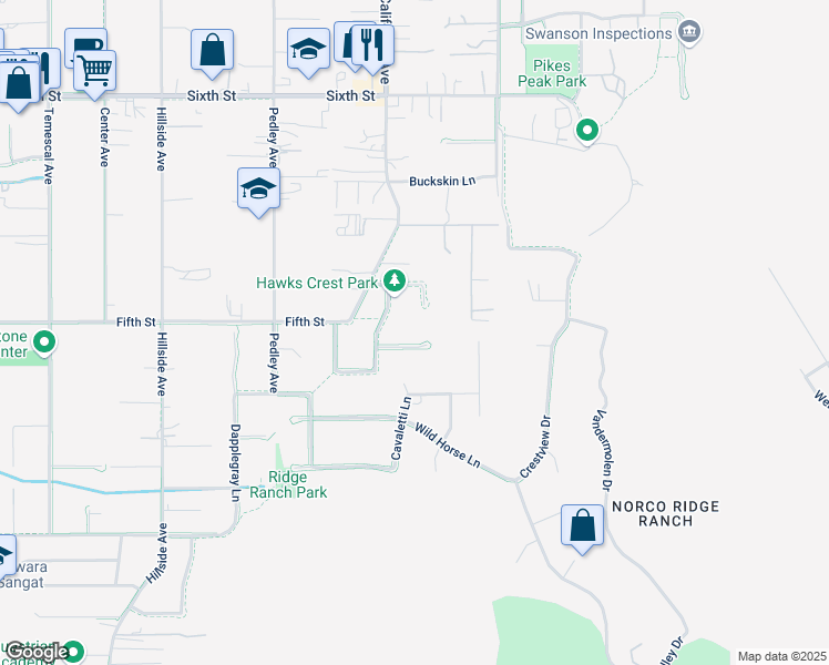 map of restaurants, bars, coffee shops, grocery stores, and more near 245 Pompano Place in Norco