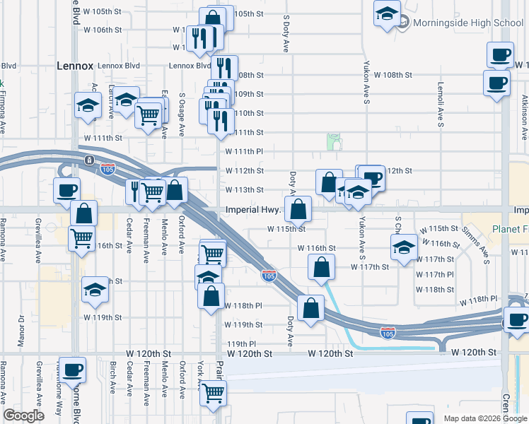 map of restaurants, bars, coffee shops, grocery stores, and more near 3846 West Imperial Highway in Inglewood