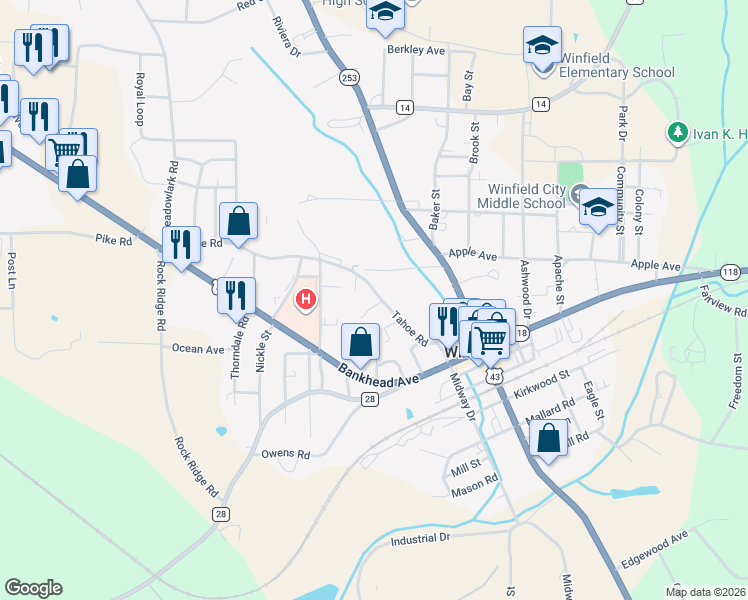 map of restaurants, bars, coffee shops, grocery stores, and more near 385 Tahoe Road in Winfield
