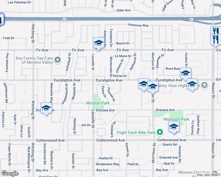 map of restaurants, bars, coffee shops, grocery stores, and more near 13060 Pawnee Drive in Moreno Valley
