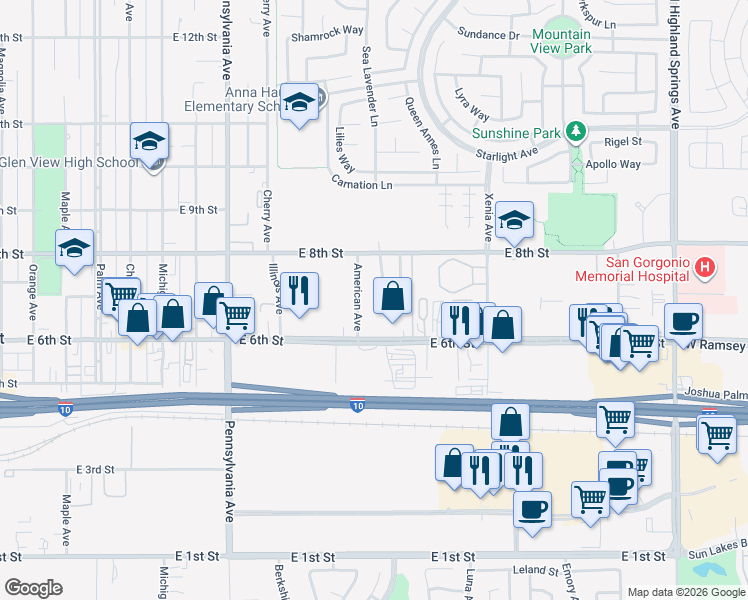 map of restaurants, bars, coffee shops, grocery stores, and more near 675 Palo Alto Avenue in Beaumont