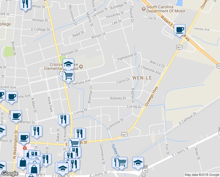 map of restaurants, bars, coffee shops, grocery stores, and more near 433 Dogwood Drive in Sumter