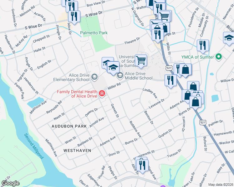 map of restaurants, bars, coffee shops, grocery stores, and more near 30 Miller Road in Sumter