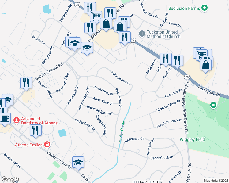 map of restaurants, bars, coffee shops, grocery stores, and more near 270 Ponderosa Drive in Athens
