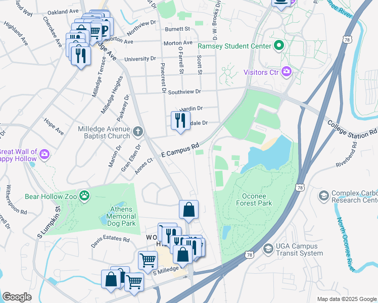 map of restaurants, bars, coffee shops, grocery stores, and more near 655 East Campus Road in Athens