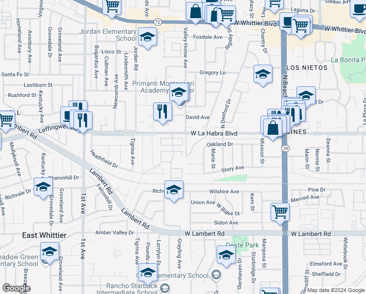 map of restaurants, bars, coffee shops, grocery stores, and more near 16661 Crape Myrtle Lane in Whittier