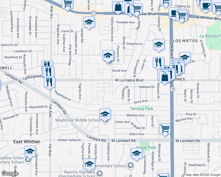 map of restaurants, bars, coffee shops, grocery stores, and more near 16661 Crape Myrtle Lane in Whittier