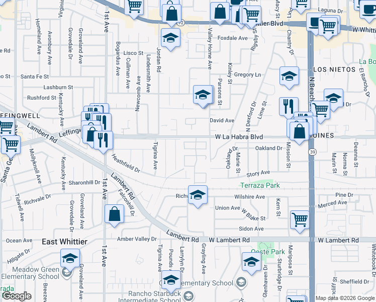 map of restaurants, bars, coffee shops, grocery stores, and more near 16526 Leffingwell Road in Whittier