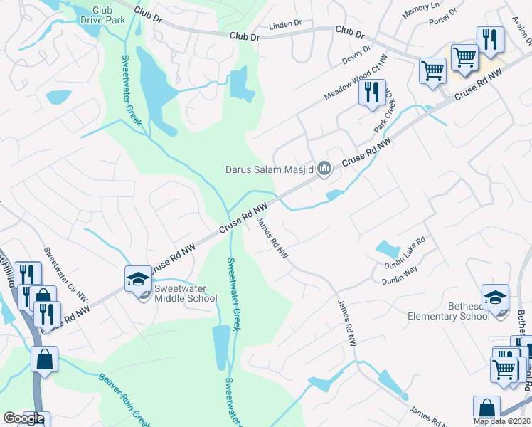 map of restaurants, bars, coffee shops, grocery stores, and more near 3242 Cruse Road Northwest in Lawrenceville