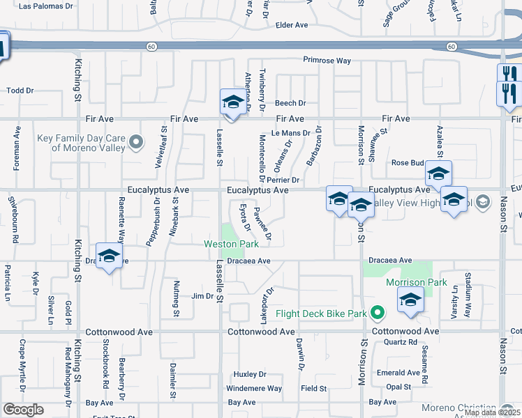 map of restaurants, bars, coffee shops, grocery stores, and more near 13060 Pawnee Drive in Moreno Valley