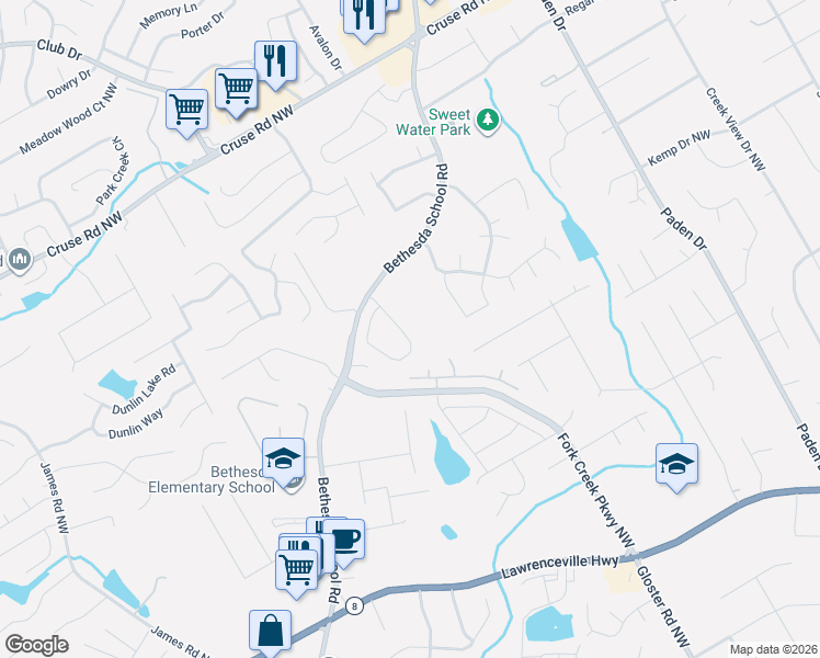 map of restaurants, bars, coffee shops, grocery stores, and more near 704 Bethesda School Road in Lawrenceville