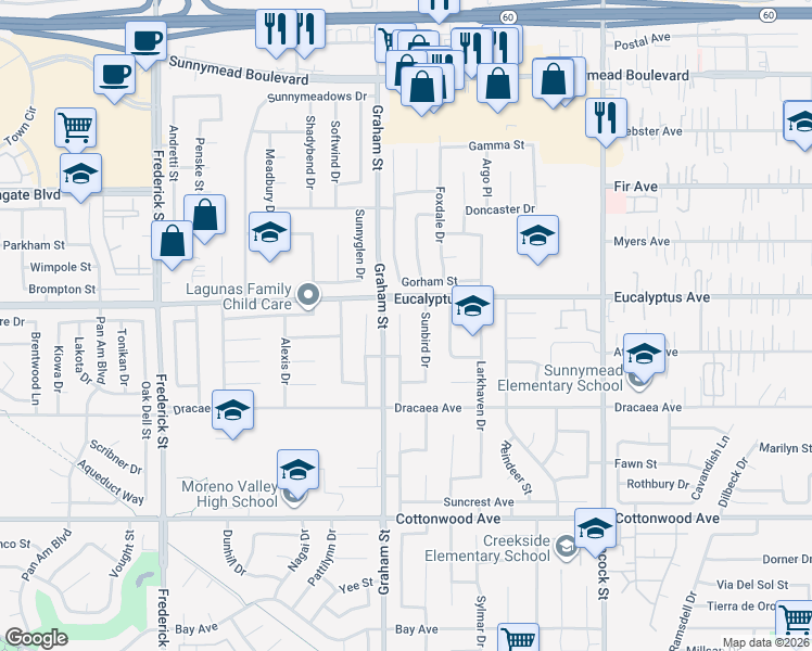 map of restaurants, bars, coffee shops, grocery stores, and more near 13064 Sunlit Court in Moreno Valley