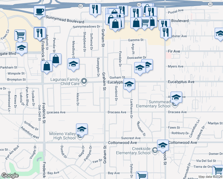 map of restaurants, bars, coffee shops, grocery stores, and more near 13064 Sunlit Court in Moreno Valley