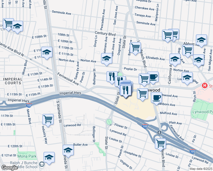 map of restaurants, bars, coffee shops, grocery stores, and more near 3000 East Imperial Highway in Lynwood