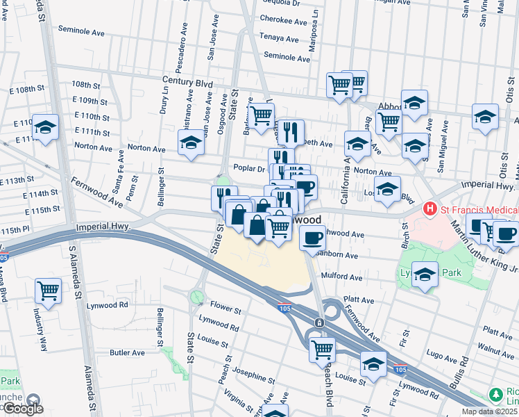 map of restaurants, bars, coffee shops, grocery stores, and more near 3180 Los Flores Boulevard in Lynwood