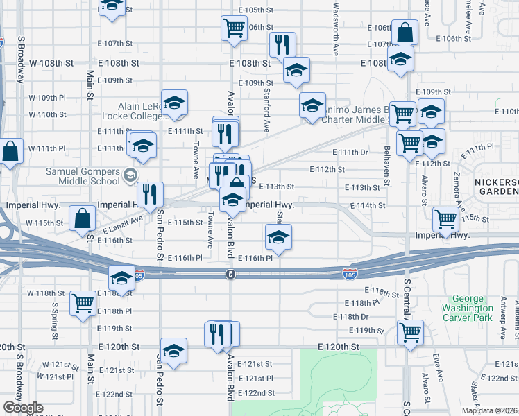 map of restaurants, bars, coffee shops, grocery stores, and more near 663 East Imperial Highway in Los Angeles