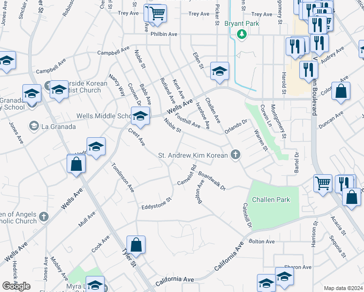 map of restaurants, bars, coffee shops, grocery stores, and more near 5090 Rockhurst Court in Riverside