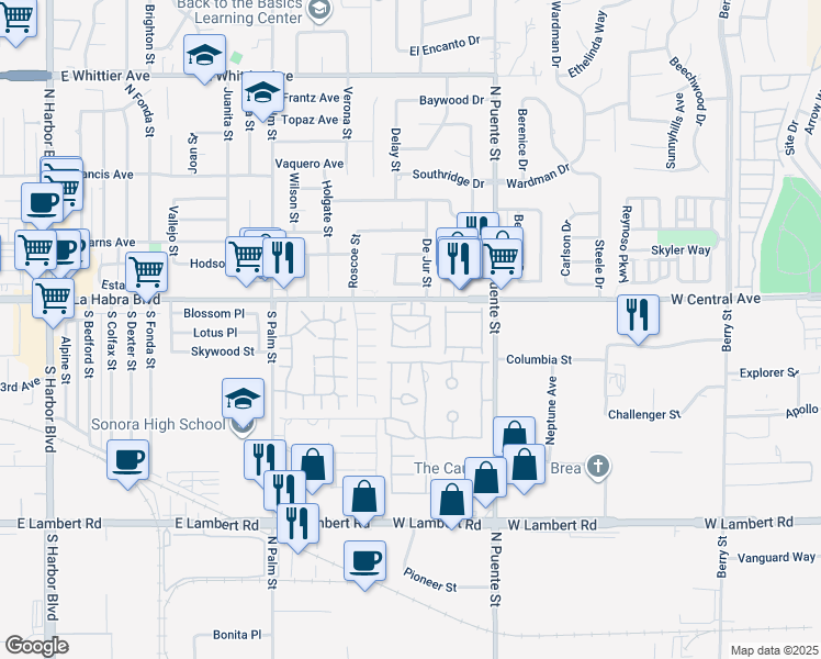map of restaurants, bars, coffee shops, grocery stores, and more near 1414 West Central Avenue in Brea